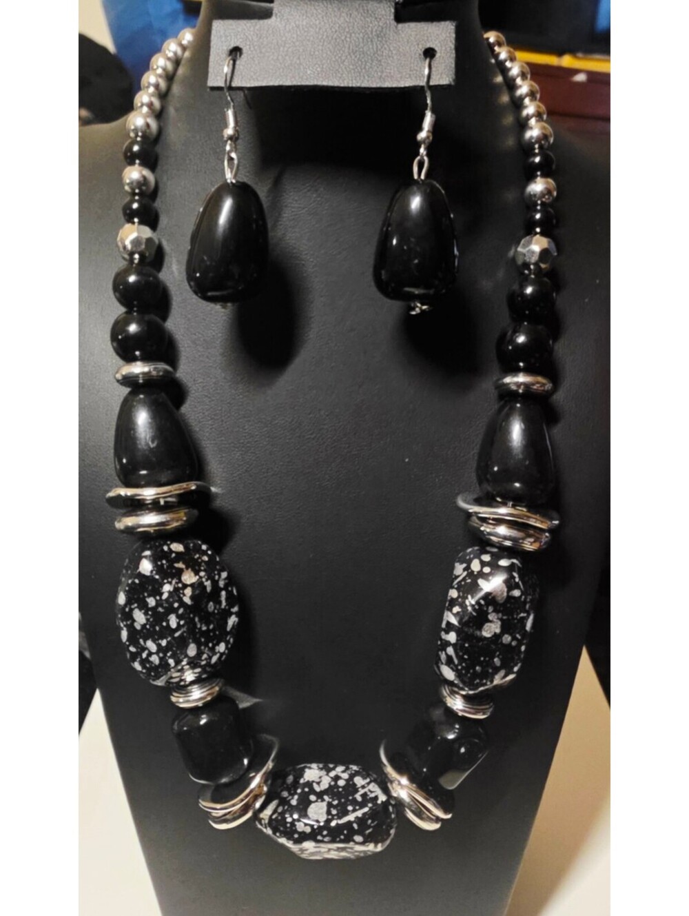 Black Beaded Statement Necklace and Earrings Set